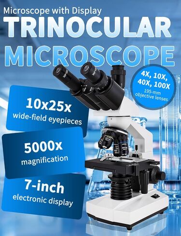 Microscope for Adult,7'' HD Display,with WF10x/25x Eyepieces,40-5000X Magnification,Dual Mechanical Stages and Abbe Condenser,Includes 40*specimens,Suitable for Labs and Schools (wihte) in Kuwait