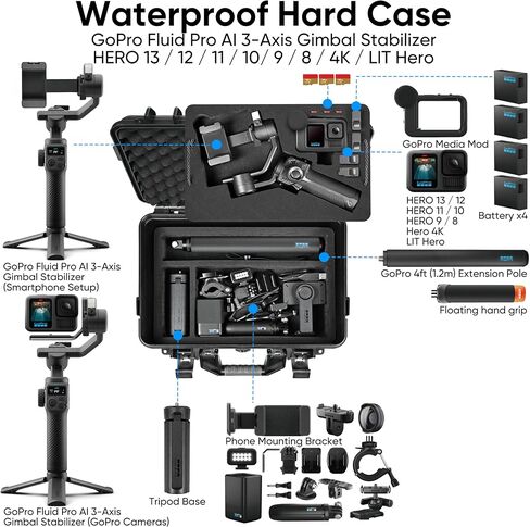 Lekufee Waterproof Hard Carrying Case for GoPro Fluid Pro AI 3-Axis Gimbal Stabilizer, Gopro Hero 13/12/11/10/9 Camera, Mission 1 PRO,Media Mod, and other Accessories(Case Only) in Kuwait