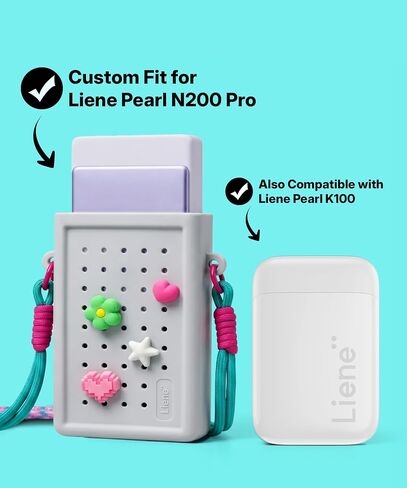 Liene DIY Charm Carry Bag Pearl N200 Pro Portable Photo Printer, Instant Mini Picture Printer for iPhone Smartphone Case, Silicone Protective Cover with Detachable Lanyard & DIY Charms, Grey in Kuwait