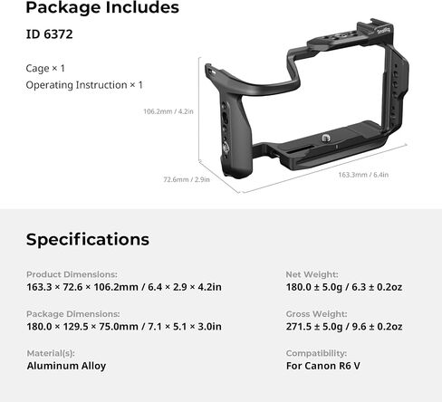 SmallRig R6 V HawkLock Quick Release Cage for Canon R6 V, Aluminum Alloy Full Camera Cage, Quick Release Plate for Arca & Cold Shoe Mount & NATO Rails, for DJI RS Stabilizer - 6372 in Kuwait