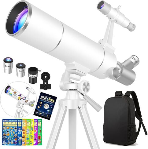 Hawkko 80500 Astronomy Telescope for Kids & Adults Beginner, STEM Kit Gift | 80mm Aperture 500mm Telescope, Portable Telescopes with Backpack, 7-themed Stickers, Moon Learning Handbook and Phone Adapter in Kuwait