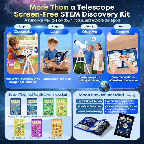 Hawkko 80500 Astronomy Telescope for Kids & Adults Beginner, STEM Kit Gift | 80mm Aperture 500mm Telescope, Portable Telescopes with Backpack, 7-themed Stickers, Moon Learning Handbook and Phone Adapter in Kuwait