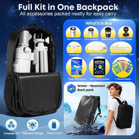Hawkko 80500 Astronomy Telescope for Kids & Adults Beginner, STEM Kit Gift | 80mm Aperture 500mm Telescope, Portable Telescopes with Backpack, 7-themed Stickers, Moon Learning Handbook and Phone Adapter in Kuwait