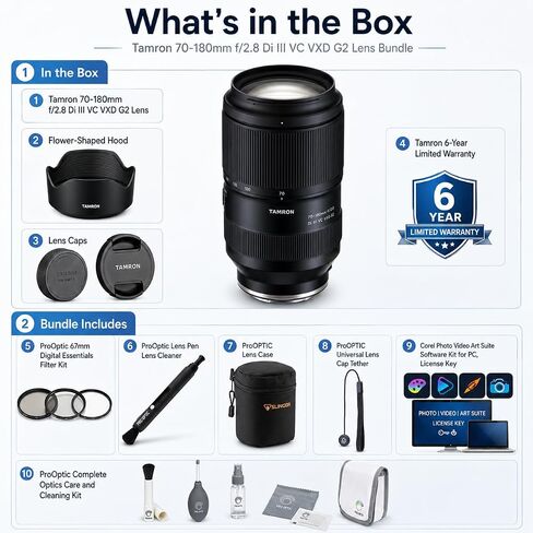 Tamron 70-180mm f/2.8 Di III VC VXD G2 Lens for Sony E, Bundle with 67mm UV/CPL/ND Filter Kit, Pouch, Lens Pen Cleaner, Cleaning Kit, Cap Tether, PC Software, Tamron 6-Year Limited Warranty in Kuwait