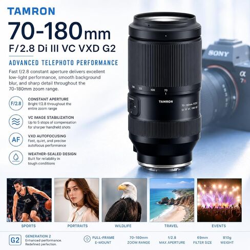 Tamron 70-180mm f/2.8 Di III VC VXD G2 Lens for Sony E, Bundle with 67mm UV/CPL/ND Filter Kit, Pouch, Lens Pen Cleaner, Cleaning Kit, Cap Tether, PC Software, Tamron 6-Year Limited Warranty in Kuwait