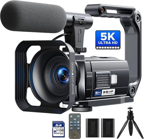 Camcorder Video Camera 5K 56MP Vlogging Camera for YouTube WiFi IR Night Vision 3" 270° Rotatable Touchscreen Digital Cameras with 64GB SD Card, Microphone, Stabilizer, Remote, Batteries, Tripod in Kuwait