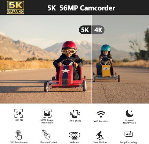 Camcorder Video Camera 5K 56MP Vlogging Camera for YouTube WiFi IR Night Vision 3" 270° Rotatable Touchscreen Digital Cameras with 64GB SD Card, Microphone, Stabilizer, Remote, Batteries, Tripod in Kuwait