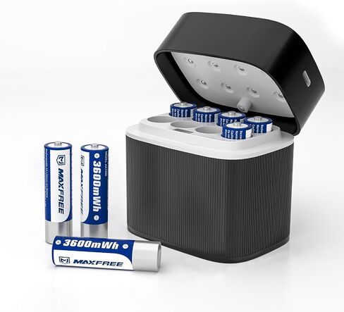 Maxfree 8-Pack Rechargeable AA Lithium Batteries with Dual-Purpose Charger | AA Lithium & NiMH Charger – 1.5V 3600mWh Double A Batteries with LED Display – for Blink Outdoor Cameras, Toys & Remotes in Saudi Arabia