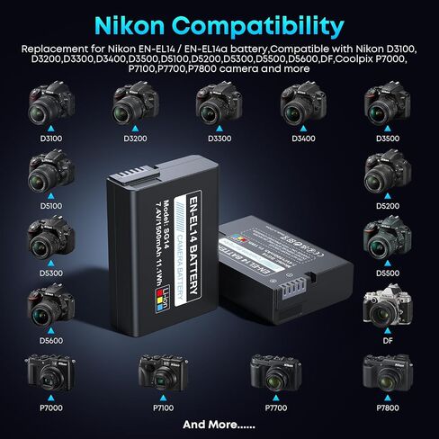 EN-EL14 / EN-EL14a Battery 2-Pack 1500mAh and PD 20W USB Fast Charger for Nikon EN-EL14, D3100 D3200 D3300 D3400 D3500 D5100 D5200 D5300 D5500 D5600 DF Coolpix P7000 P7100 P7700 P7800 Cameras in Kuwait