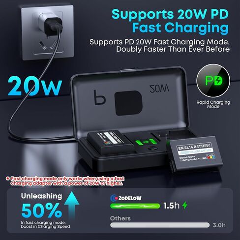 EN-EL14 / EN-EL14a Battery 2-Pack 1500mAh and PD 20W USB Fast Charger for Nikon EN-EL14, D3100 D3200 D3300 D3400 D3500 D5100 D5200 D5300 D5500 D5600 DF Coolpix P7000 P7100 P7700 P7800 Cameras in Kuwait