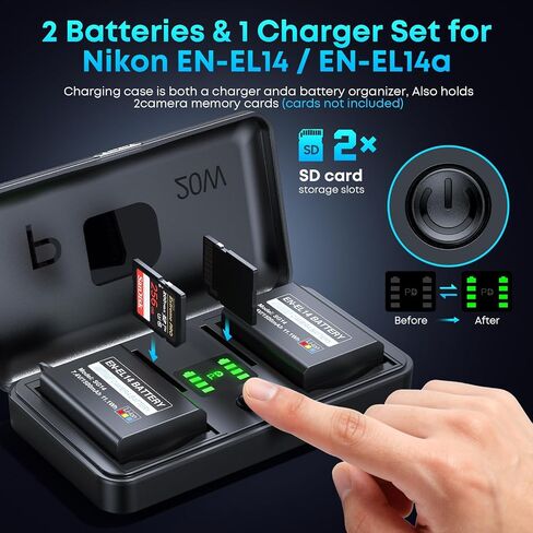EN-EL14 / EN-EL14a Battery 2-Pack 1500mAh and PD 20W USB Fast Charger for Nikon EN-EL14, D3100 D3200 D3300 D3400 D3500 D5100 D5200 D5300 D5500 D5600 DF Coolpix P7000 P7100 P7700 P7800 Cameras in Kuwait
