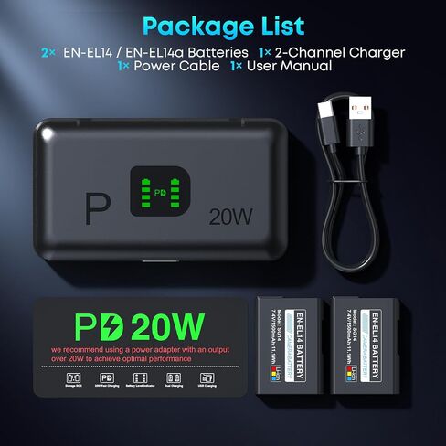EN-EL14 / EN-EL14a Battery 2-Pack 1500mAh and PD 20W USB Fast Charger for Nikon EN-EL14, D3100 D3200 D3300 D3400 D3500 D5100 D5200 D5300 D5500 D5600 DF Coolpix P7000 P7100 P7700 P7800 Cameras in Kuwait