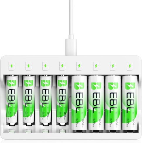 EBL Rechargeable AA Batteries 2800mAh (4 Pack) and AAA Ni-MH Rechargeable Batteries 1100mAh (4 Pack) with 8-Bay AA AAA Individual Camcorder Battery Charger in Kuwait