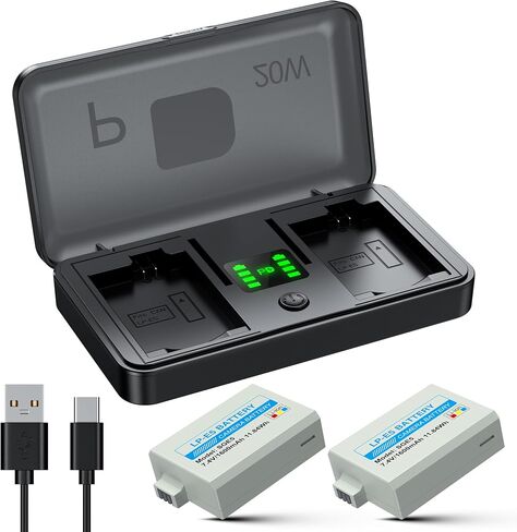 LP-E5 Battery 2-Pack 1600mAh and 2-Channel PD 20W USB Fast Charger for Canon EOS Rebel XS, Rebel T1i, Rebel XSi, 1000D, 500D, 450D, Kiss X3, KissX2, KissF Cameras, with Magnetic Snap Cover in Kuwait