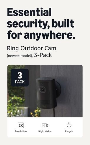 Ring Outdoor Cam, Plug-In (newest model), Home or business security, Wide-Angle Retinal 2K Video, 6x Enhanced Zoom, Night Vision for true color in low light, 4-Pack, Black in Kuwait