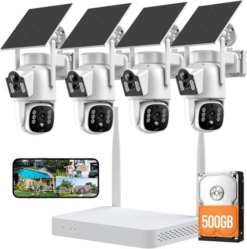 Camcamp Solar Security Cameras Wireless Outdoor, Dual-Lens Camera System | 4 Wireless Cameras 8 Views for Home Security, 10CH NVR with 500GB HDD, 360°PTZ, No Monthly Fee, 2K Color Night Vision in Kuwait