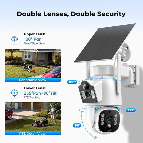 Camcamp Solar Security Cameras Wireless Outdoor, Dual-Lens Camera System | 4 Wireless Cameras 8 Views for Home Security, 10CH NVR with 500GB HDD, 360°PTZ, No Monthly Fee, 2K Color Night Vision in Kuwait