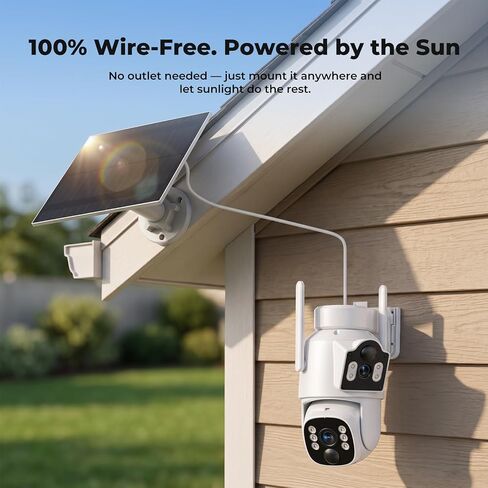 Camcamp Solar Security Cameras Wireless Outdoor, Dual-Lens Camera System | 4 Wireless Cameras 8 Views for Home Security, 10CH NVR with 500GB HDD, 360°PTZ, No Monthly Fee, 2K Color Night Vision in Kuwait