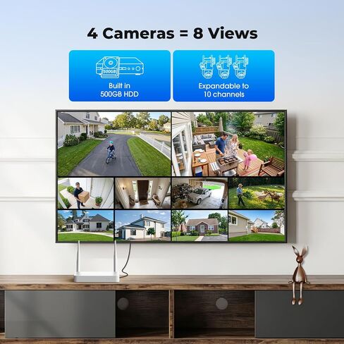 Camcamp Solar Security Cameras Wireless Outdoor, Dual-Lens Camera System | 4 Wireless Cameras 8 Views for Home Security, 10CH NVR with 500GB HDD, 360°PTZ, No Monthly Fee, 2K Color Night Vision in Kuwait