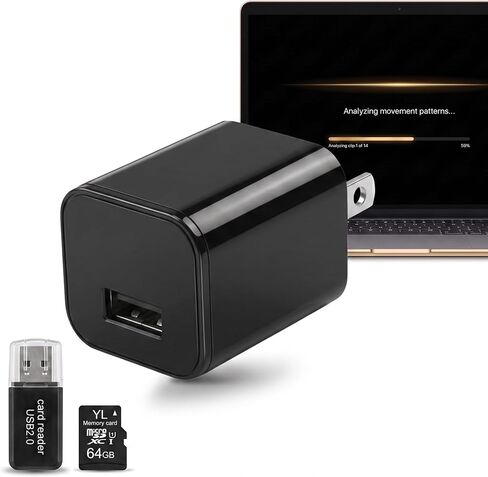 Hidden Camera Charger, No WiFi Needed, 1080P HD Indoor Security Camera & Nanny Cam, 64GB SD Card Included, Motion Detection, AI Security App, USB Wall Charger for Home & Office in Kuwait