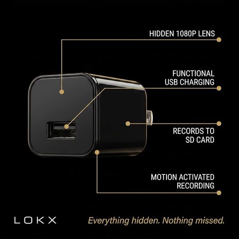 Hidden Camera Charger, No WiFi Needed, 1080P HD Indoor Security Camera & Nanny Cam, 64GB SD Card Included, Motion Detection, AI Security App, USB Wall Charger for Home & Office in Kuwait