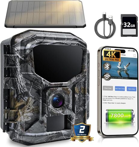 Trail Camera Solar Powered - 4K 60MP WiFi Game Camera, 0.1s Trigger, 7800mAh Forever Power, 65FT Detection, Low Glow Night Vision, IP66 Waterproof, 32GB Included for Wildlife Monitoring in Kuwait