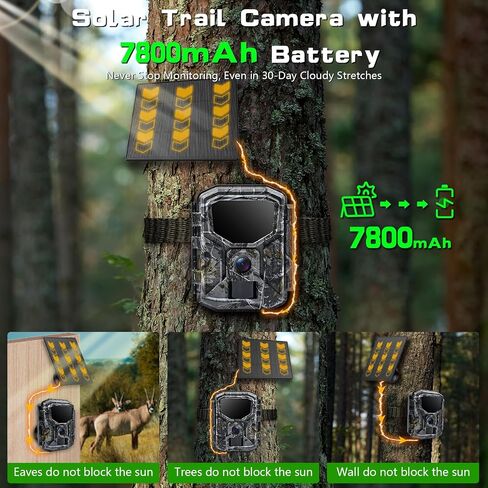 Trail Camera Solar Powered - 4K 60MP WiFi Game Camera, 0.1s Trigger, 7800mAh Forever Power, 65FT Detection, Low Glow Night Vision, IP66 Waterproof, 32GB Included for Wildlife Monitoring in Kuwait