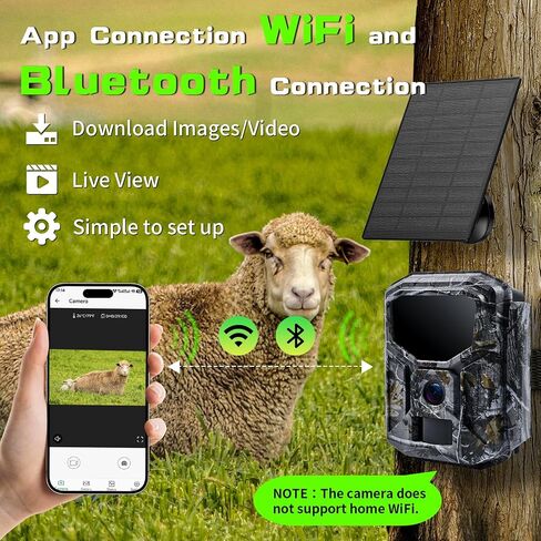 Trail Camera Solar Powered - 4K 60MP WiFi Game Camera, 0.1s Trigger, 7800mAh Forever Power, 65FT Detection, Low Glow Night Vision, IP66 Waterproof, 32GB Included for Wildlife Monitoring in Kuwait