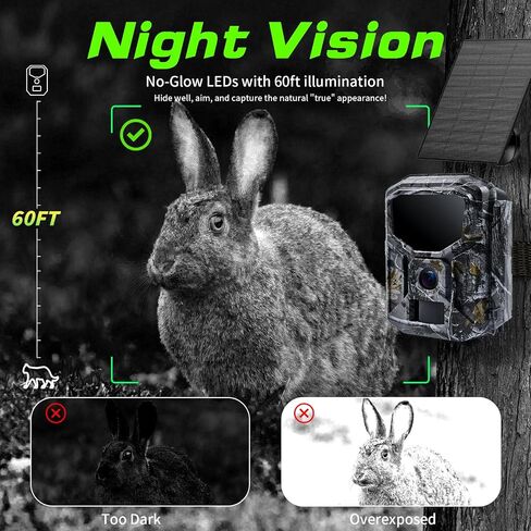 Trail Camera Solar Powered - 4K 60MP WiFi Game Camera, 0.1s Trigger, 7800mAh Forever Power, 65FT Detection, Low Glow Night Vision, IP66 Waterproof, 32GB Included for Wildlife Monitoring in Kuwait