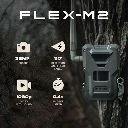 SPYPOINT Flex-M2 Solar Bundle - Cellular Trail Camera - Latest Generation, Best Hunting Accessories, No WiFi Needed, GPS, Night Vision, Dual-SIM LTE, Game Camera, 32MP Photos, 1080p Videos + Sound in Kuwait