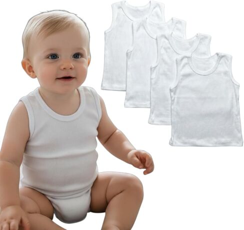 Baby Boy's Sleeveless Tank Top Undershirts, 100% Cotton, Crew Neck, Casual Style, 4 Pack, Infant-Toddler in Kuwait