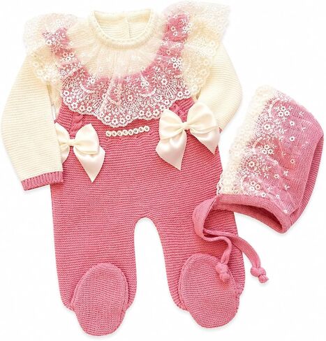 Knit Newborn Girl Coming Home Outfit Spanish Style Old Pink Beige Pink Cotton in Kuwait