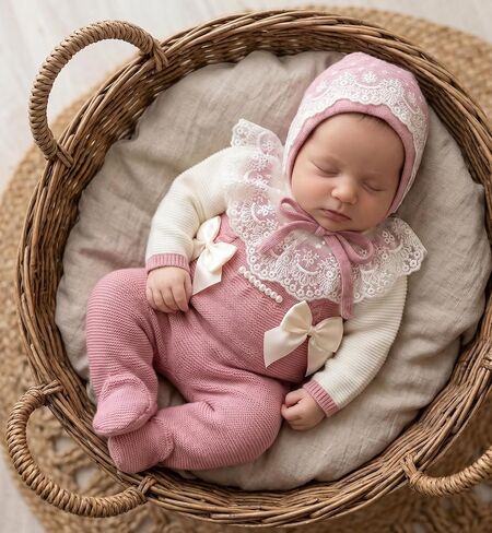 Knit Newborn Girl Coming Home Outfit Spanish Style Old Pink Beige Pink Cotton in Kuwait