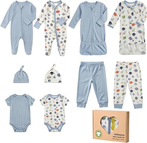 Aablexema Organic Cotton Baby Layette Set, 10pcs Newborn Essentials Footed Pjs, Bodysuits, Pants, Hats, Nightgowns in Kuwait