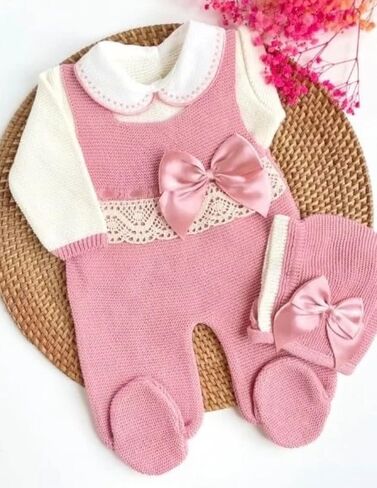 Knit Newborn Girl Old Pink Cotton Cloth Set, cotton Coming Home Infant Knit Outfit 3 pieces in Kuwait