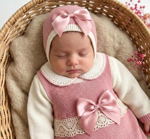 Knit Newborn Girl Old Pink Cotton Cloth Set, cotton Coming Home Infant Knit Outfit 3 pieces in Kuwait