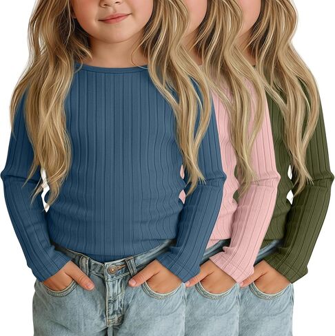 3 Pack Toddler Girl's Long Sleeve Shirts Cotton Ribbed Knit Basic Soft Tops Baby Boat Neck Slim Fit Undershirts in Kuwait