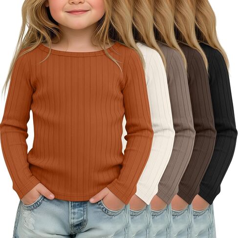 5 Pack Toddler Girls Long Sleeve Shirts Cotton Ribbed Layering Top Kids Slim Fit Crewneck Undershirts 18M-5T in Kuwait