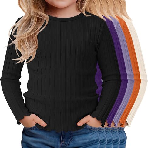 5 Pack Toddler Girls Long Sleeve Shirts Baby Ribbed Cotton Crewneck Tops Lettuce Trim Fitted Undershirts in Kuwait
