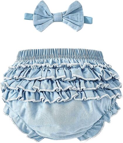 SOBOWO Baby Girl Bloomers Denim Ruffle Diaper Cover for Girls Infant Summer Shorts Headband for Birthday, Cake Smash, Photo in Kuwait