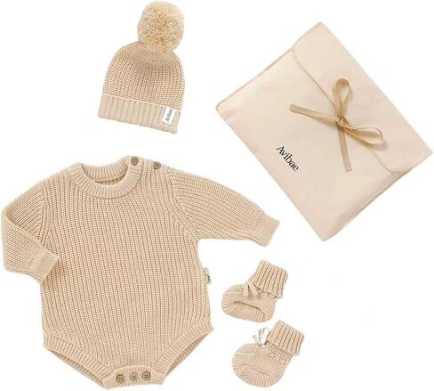 Avibae Cotton Newborns Set with Knit Sweater, Beanie, Booties for Baby Boys and Girls, Warm Cute Infant 3 Piece Set in Kuwait