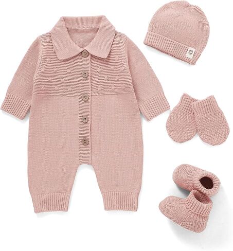 Cotton Baby Sweater Knit Romper Newborn Infant Outfit Hat Mittens Booties | 4 Psc Soft Breathable Coming Home Baby Gift LongSleeve Cute Cloth for Boys Girls in Kuwait
