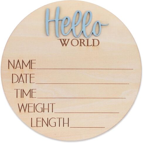 Hello World Wooden Baby Birth Announcement Sign, Newborn Name Date Time Weight Length Board, Neutral Nursery Decor Photo Prop Keepsake (Blue) in Kuwait
