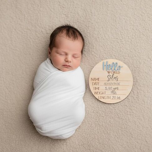 Hello World Wooden Baby Birth Announcement Sign, Newborn Name Date Time Weight Length Board, Neutral Nursery Decor Photo Prop Keepsake (Blue) in Kuwait
