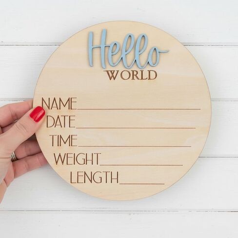 Hello World Wooden Baby Birth Announcement Sign, Newborn Name Date Time Weight Length Board, Neutral Nursery Decor Photo Prop Keepsake (Blue) in Kuwait