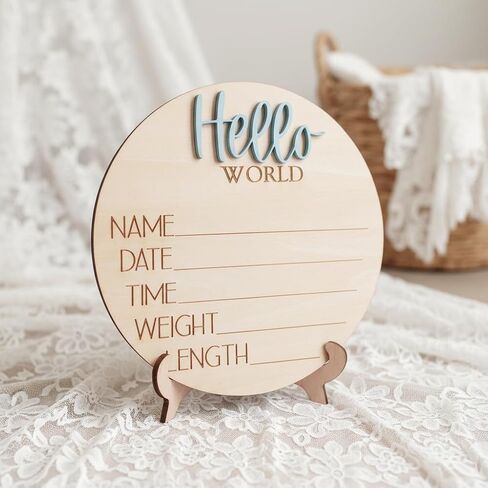 Hello World Wooden Baby Birth Announcement Sign, Newborn Name Date Time Weight Length Board, Neutral Nursery Decor Photo Prop Keepsake (Blue) in Kuwait