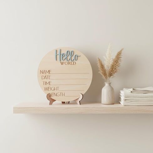 Hello World Wooden Baby Birth Announcement Sign, Newborn Name Date Time Weight Length Board, Neutral Nursery Decor Photo Prop Keepsake (Blue) in Kuwait