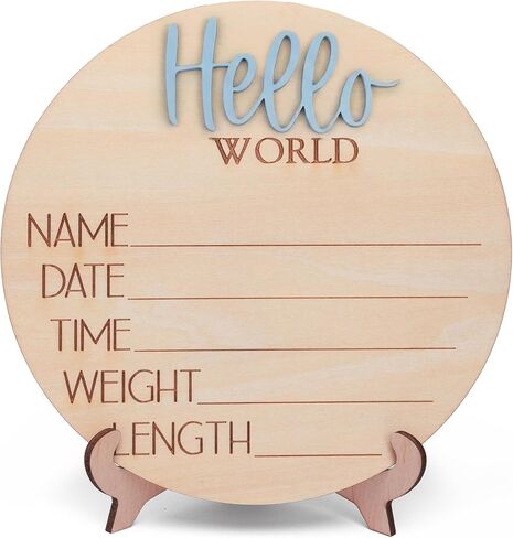 Hello World Wooden Baby Birth Announcement Sign, Newborn Name Date Time Weight Length Board, Neutral Nursery Decor Photo Prop Keepsake (Blue) in Kuwait