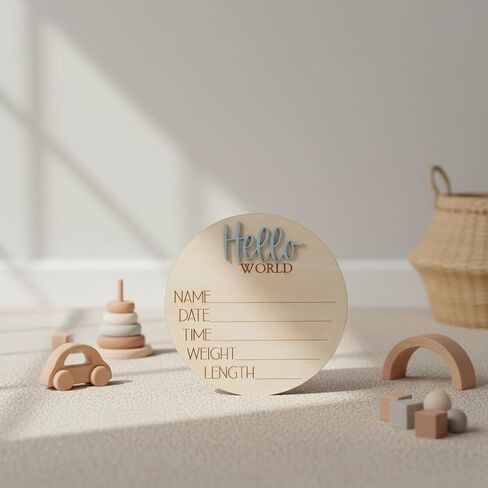 Hello World Wooden Baby Birth Announcement Sign, Newborn Name Date Time Weight Length Board, Neutral Nursery Decor Photo Prop Keepsake (Blue) in Kuwait