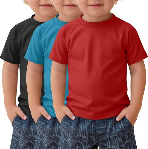 Yooo's Vivi 3 Pack Toddler Boys Rash Guard UPF 50+ Sun Protection Slim Fit Short Sleeve Tees Kid Quick Dry Summer Swim Shirts in Kuwait